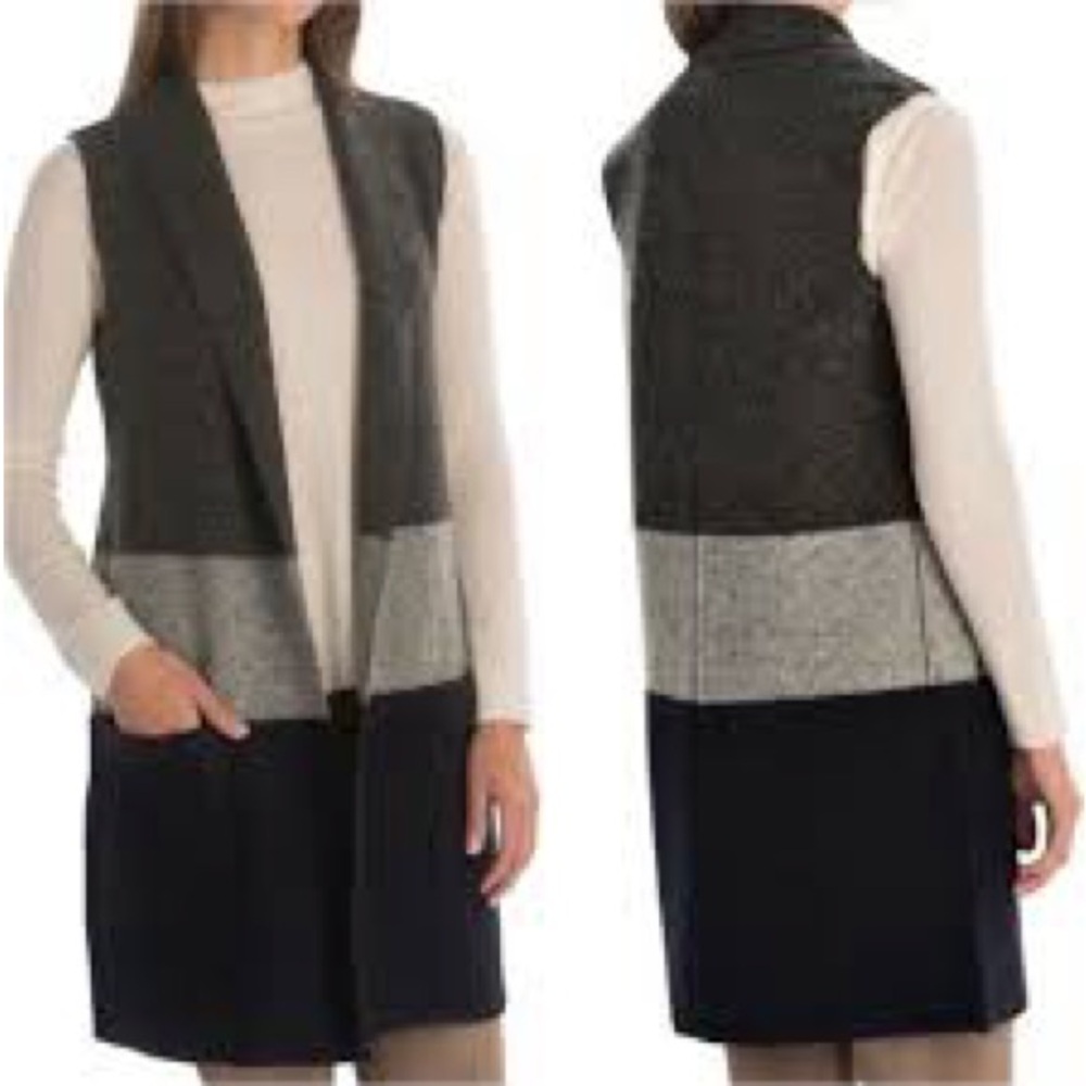 Tahari Long Black/Gray Color Blocked Wool Blend Vest Size Medium